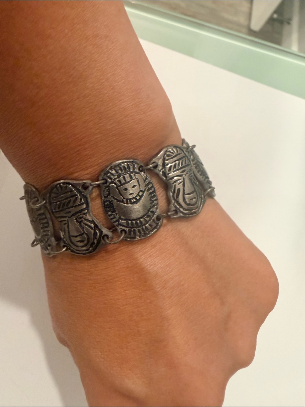 Vintage .900 Silver Tribal Face Bracelet